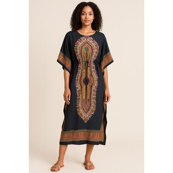 Dashiki Style Kaftan Caftan Dress Black Orange Pink Drawstring Maxi OS - Picture 1 of 7